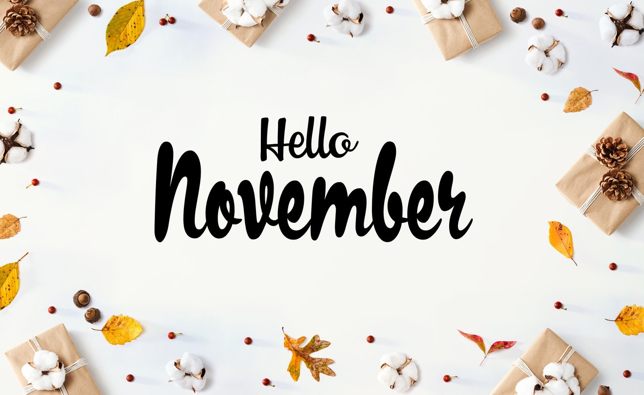 Hello November message with gift boxes with leaves